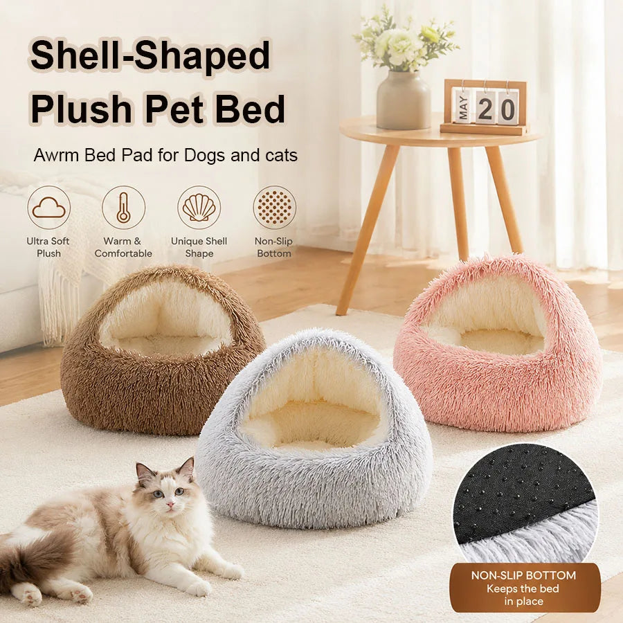 Camas Confortáveis para Gatos, Colchão para Cães, Cama Quente e Macia em Pelúcia, Ninhos Semi-fechados em Forma de Concha para Gatos, Para Cães Pequenos e Gatinhos