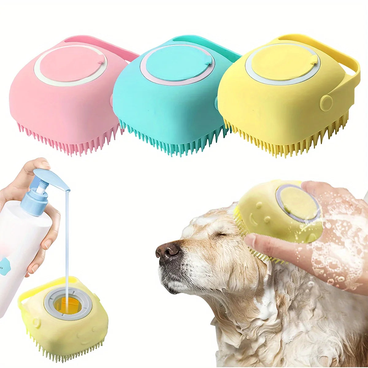 Escova de Banho para Cães e Gatos com Dispensador de Shampoo – Escova Massageadora de Silicone com Cerdas Macias