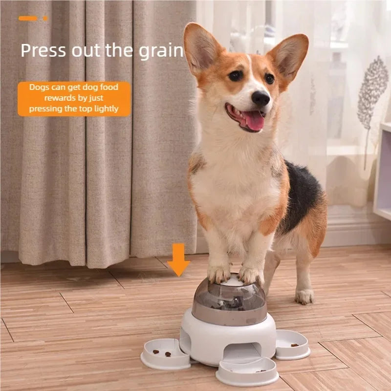Três tigelas de dispensador de comida para animais de estimação, alimentador de imprensa automática, dispensador de comida lenta, utensílios divertidos para animais de estimação