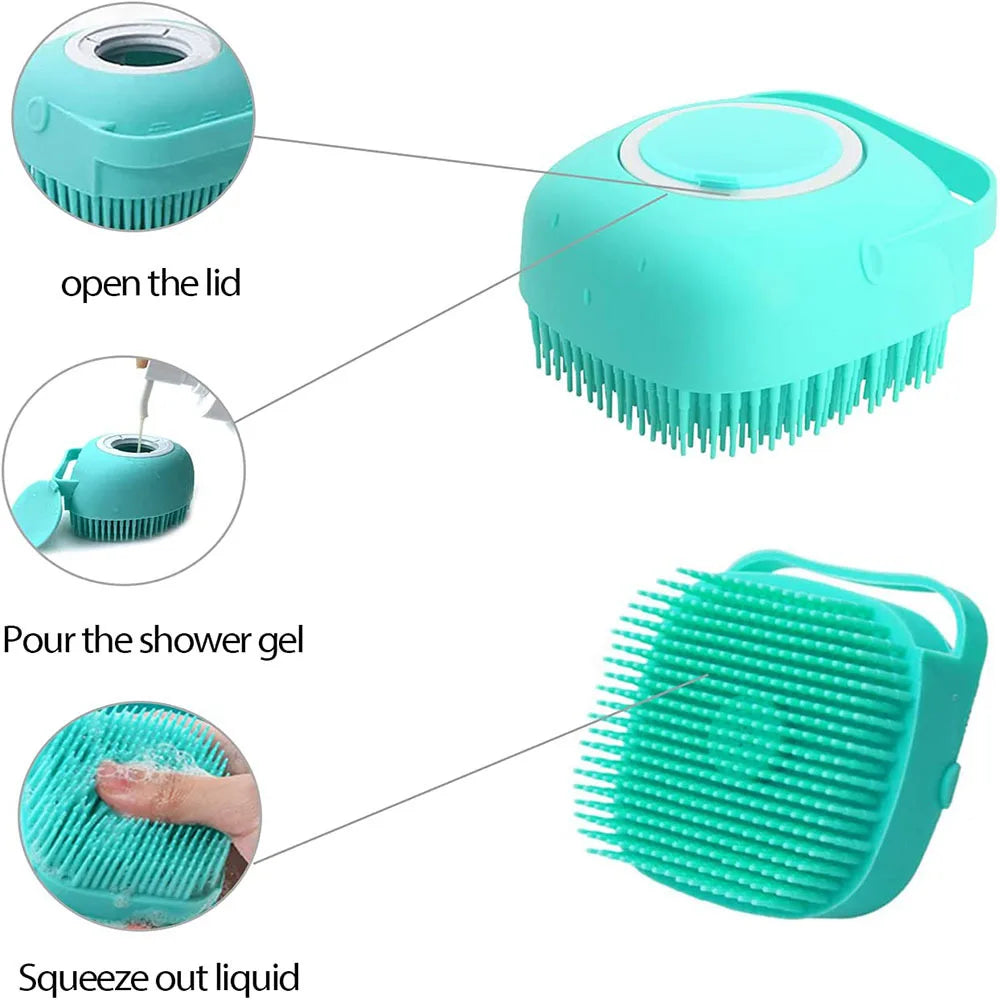 Escova de Banho para Cães e Gatos com Dispensador de Shampoo – Escova Massageadora de Silicone com Cerdas Macias