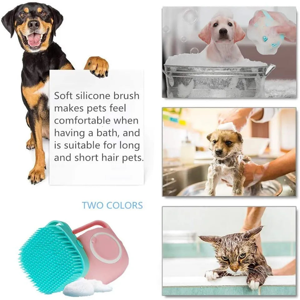 Escova de Banho para Cães e Gatos com Dispensador de Shampoo – Escova Massageadora de Silicone com Cerdas Macias