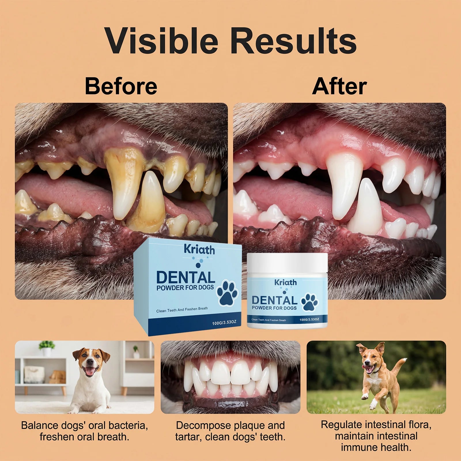 Pó Natural para Cuidado Oral de Animais de Estimação para Limpeza dos Dentes de Cães, Refrescar o Hálito e Aliviar as Gengivas com Probióticos para Saúde Intestinal Pet Clean