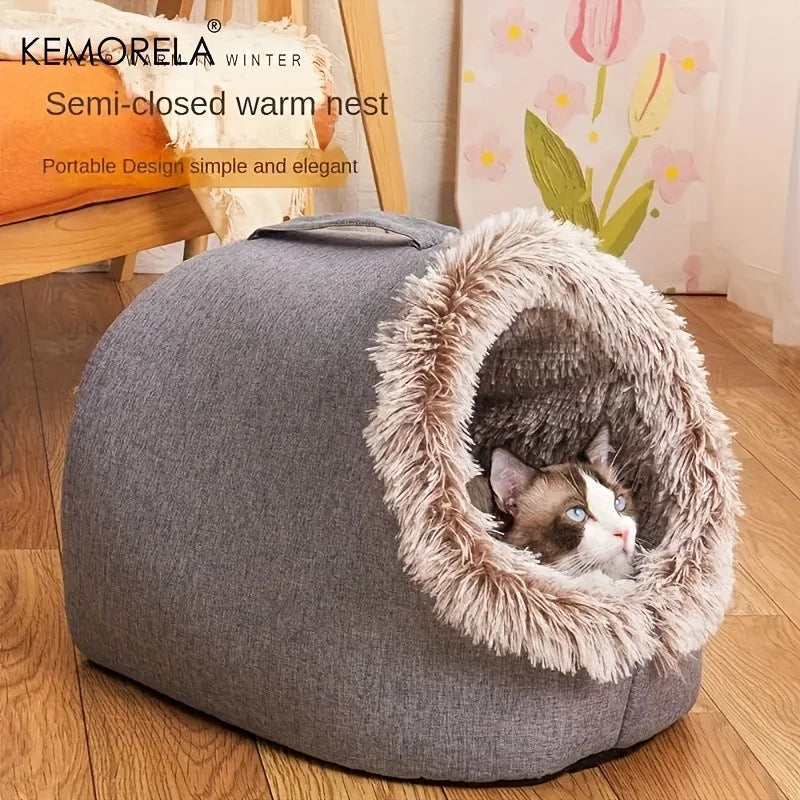 Kemorela cama de gato confortável cama de dormir para animais de estimação, cama de gato portátil quente e espessada cama para animais de estimação com alça cama de gato portátil