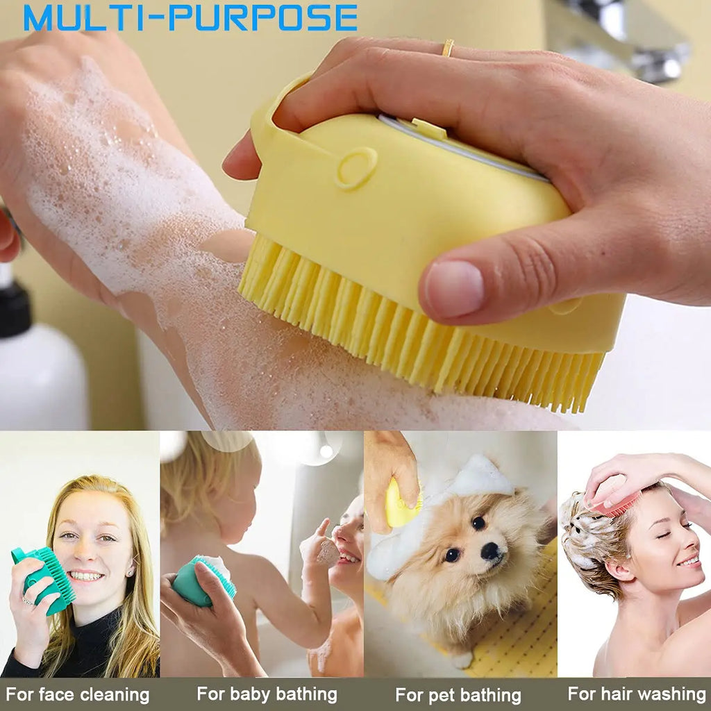 Escova de Banho para Cães e Gatos com Dispensador de Shampoo – Escova Massageadora de Silicone com Cerdas Macias