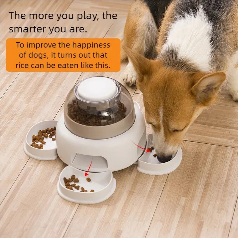 Três tigelas de dispensador de comida para animais de estimação, alimentador de imprensa automática, dispensador de comida lenta, utensílios divertidos para animais de estimação